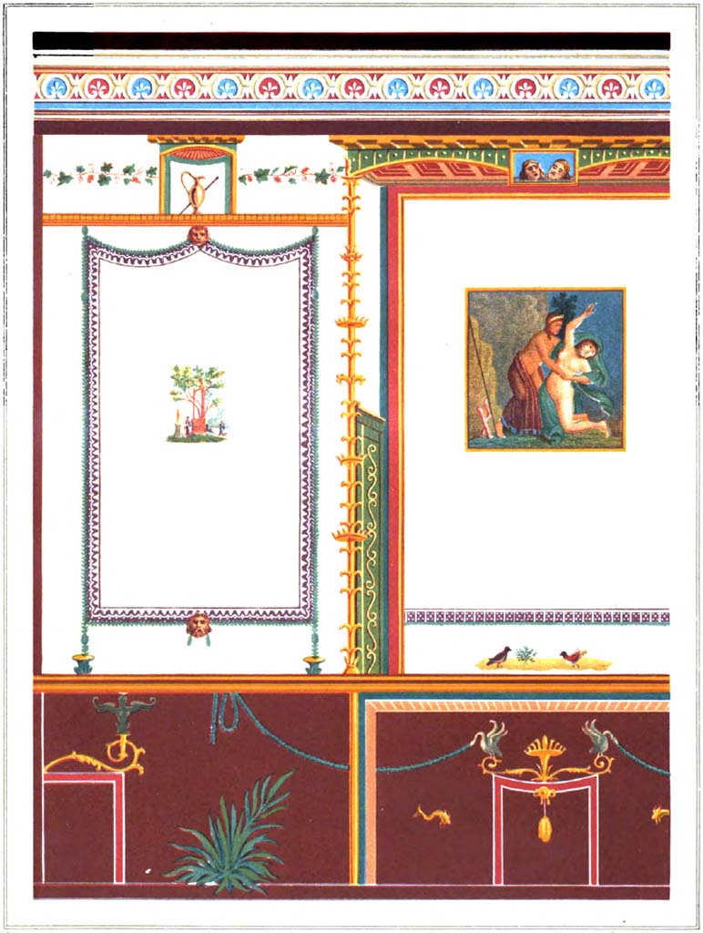 VI.9.6 Pompeii. Room 21, left-hand half of west wall showing side panel on south end and central painting of Apollo and Daphne.
See Steeger V., 1877. Le più belle pareti di Pompei. Torino: Loescher. Fasc. Pt. III, Tav.IV.