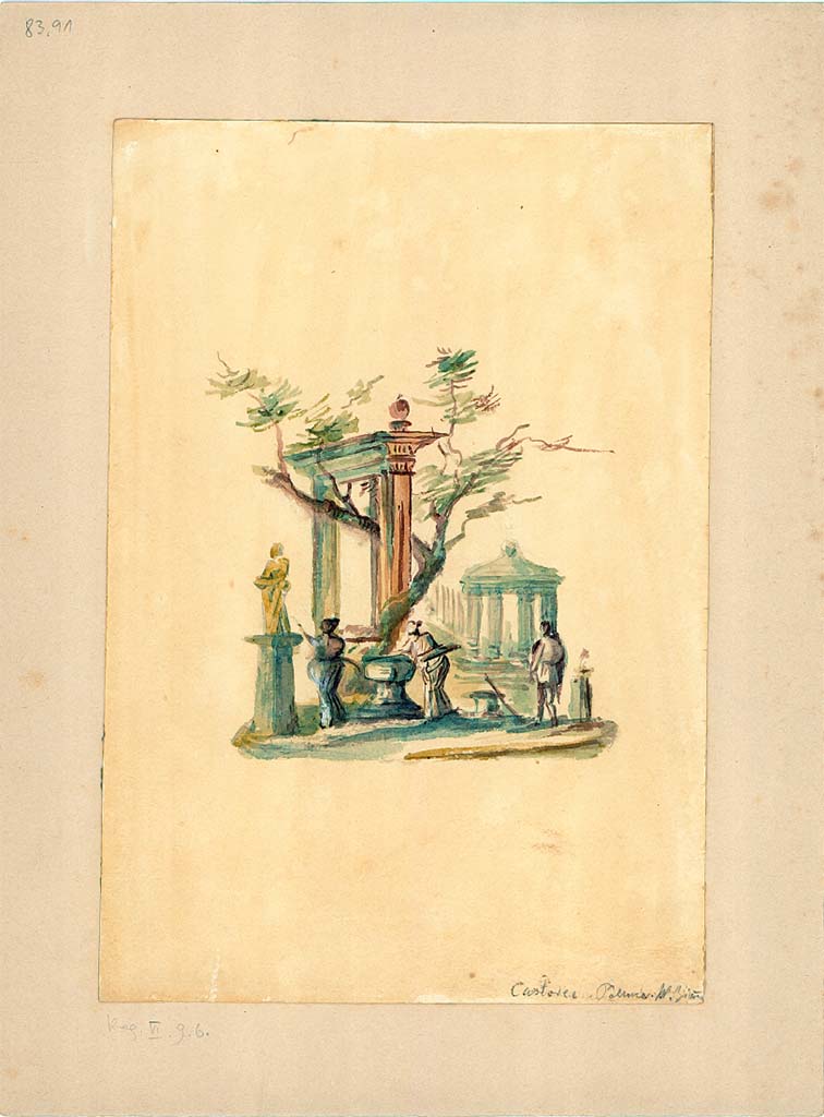 VI.9.6 Pompeii. Room 21, south panel of west wall. 19th century watercolour of sacred scene with a group of figures.
DAIR 83.91. Photo © Deutsches Archäologisches Institut, Abteilung Rom, Arkiv.