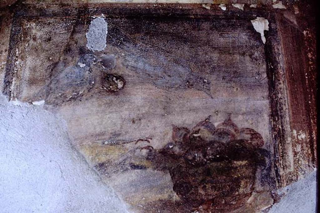 VI.9.6 Pompeii. 1968. Room 6, wall painting of birds picking at a bowl of figs. A dead partridge was lying at the side of the bowl. Photo by Stanley A. Jashemski.
Source: The Wilhelmina and Stanley A. Jashemski archive in the University of Maryland Library, Special Collections (See collection page) and made available under the Creative Commons Attribution-Non Commercial License v.4. See Licence and use details.
J68f1006