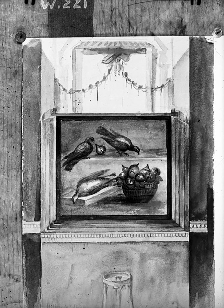 VI.9.6 Pompeii. W.221. Peristyle 6, wall painting of two birds pecking at a bowl of figs.
A dead partridge is lying at the side of the bowl.
From the west end of the north wall of the peristyle 6.
Photo by Tatiana Warscher. Photo © Deutsches Archäologisches Institut, Abteilung Rom, Arkiv.
