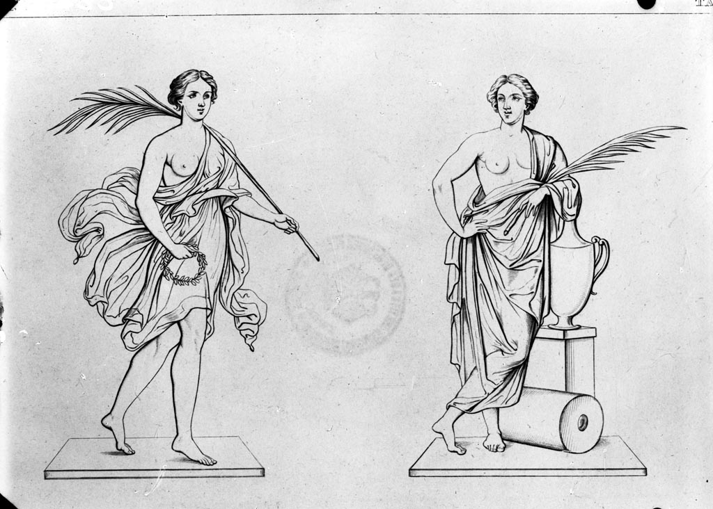 VI.9.6 Pompeii. W.235.
Room 6, on the left, a drawing of a female figure with palm leaf and garland, from west side of north-west pilaster in peristyle.
See Real Museo Borbonico IX, taf 2.
Photo by Tatiana Warscher. Photo © Deutsches Archäologisches Institut, Abteilung Rom, Arkiv.