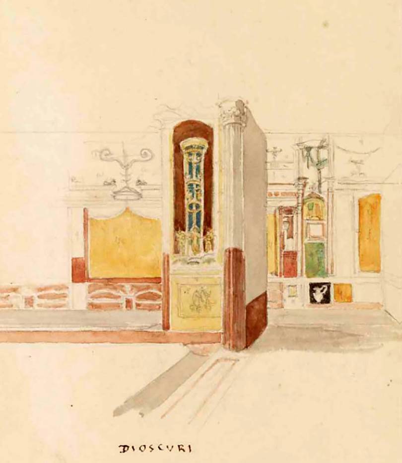 VI.9.6 Pompeii. c.1830. Room 6, looking towards west portico and west wall of peristyle.
Drawing by Gell from his sketchbook.
See Gell, W. Sketchbook of Pompeii, c.1830.
See book from Van Der Poel Campanian Collection on Getty website http://hdl.handle.net/10020/2002m16b425