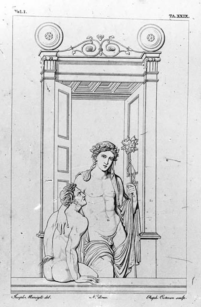 231556 Bestand-D-DAI-ROM-W.0232.jpg
VI.9.6 Pompeii. W.232. Room 6, drawing of wall painting of Dionysus and Satyr, from east wall of peristyle on pilaster between rooms 22 and 24. See Real Museo Borbonico, I, taf 29.
Photo by Tatiana Warscher. With kind permission of DAI Rome, whose copyright it remains.
See http://arachne.uni-koeln.de/item/marbilderbestand/231556