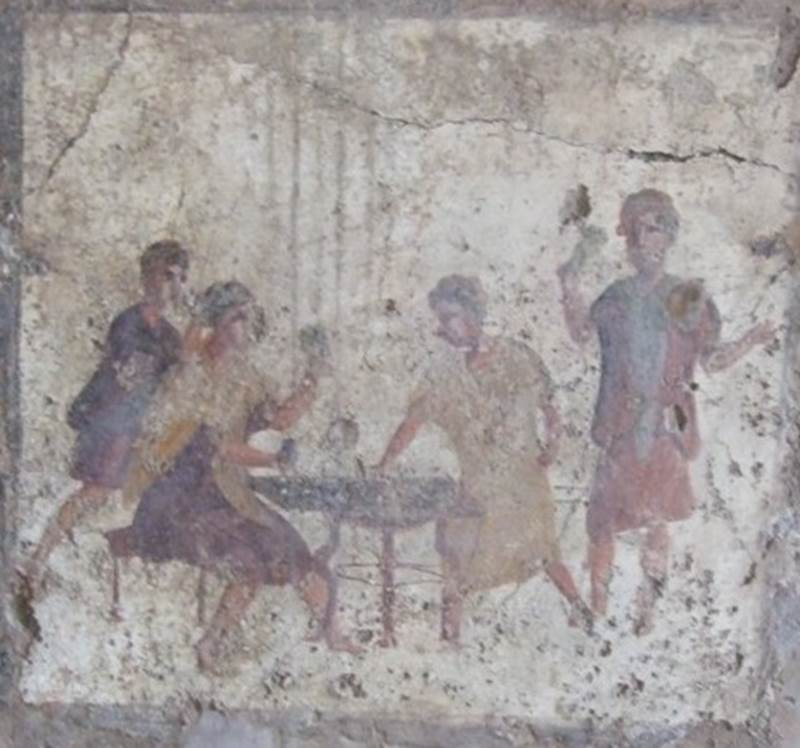 VI.10.1 Pompeii.  March 2009.  Rear room on north side.  Fresco on south wall.  Painting of men gambling.