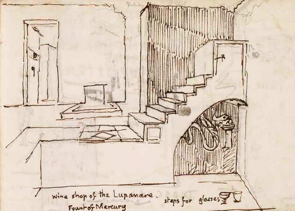 VI.10.1 Pompeii. c.1830. Drawing by Gell, looking west towards Via di Mercurio with fountain outside VI.8.23.
The lararium painting showing a single serpent is seen under the steps.
See Gell, W. Sketchbook of Pompeii, c.1830. 
See book from Van Der Poel Campanian Collection on Getty website http://hdl.handle.net/10020/2002m16b425
According to Boyce, on the [south wall]? beneath the stairs was a lararium painting: 
A single serpent about to devour the offerings – an egg and a pine cone – on a burning altar.
See Boyce G. K., 1937. Corpus of the Lararia of Pompeii. Rome: MAAR 14.  (p.50, no.180)
