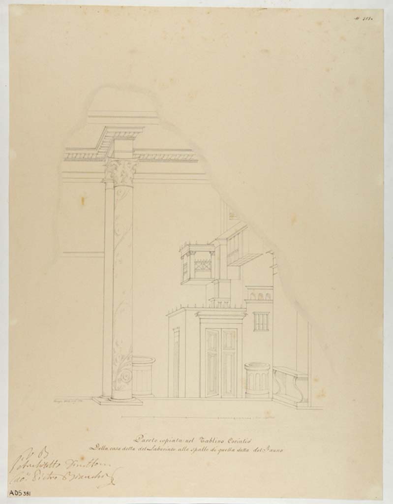 VI.11.10 Pompeii.
Drawing by Giuseppe Abbate, 1835, showing decoration from east end of north wall of Corinthian oecus 43.
Now in Naples Archaeological Museum. Inventory number ADS 381.
Photo © ICCD. http://www.catalogo.beniculturali.it
Utilizzabili alle condizioni della licenza Attribuzione - Non commerciale - Condividi allo stesso modo 2.5 Italia (CC BY-NC-SA 2.5 IT)