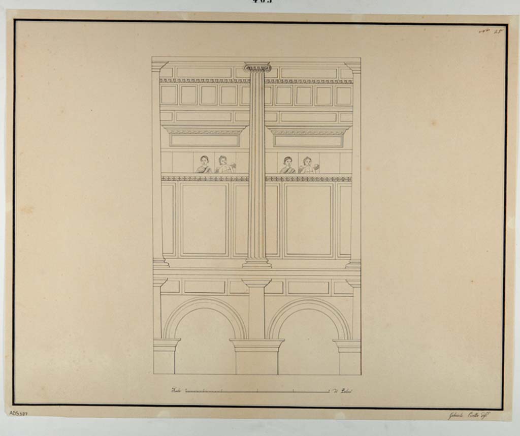 VI.11.10 Pompeii. Drawing by Gabriele Cirillo of decorative scheme of wall of alcove in cubiculum/bedroom 46.
Now in Naples Archaeological Museum. Inventory number ADS 387.
Photo © ICCD. https://www.catalogo.beniculturali.it
Utilizzabili alle condizioni della licenza Attribuzione - Non commerciale - Condividi allo stesso modo 2.5 Italia (CC BY-NC-SA 2.5 IT)
Photo © ICCD. http://www.catalogo.beniculturali.it
Utilizzabili alle condizioni della licenza Attribuzione - Non commerciale - Condividi allo stesso modo 2.5 Italia (CC BY-NC-SA 2.5 IT)