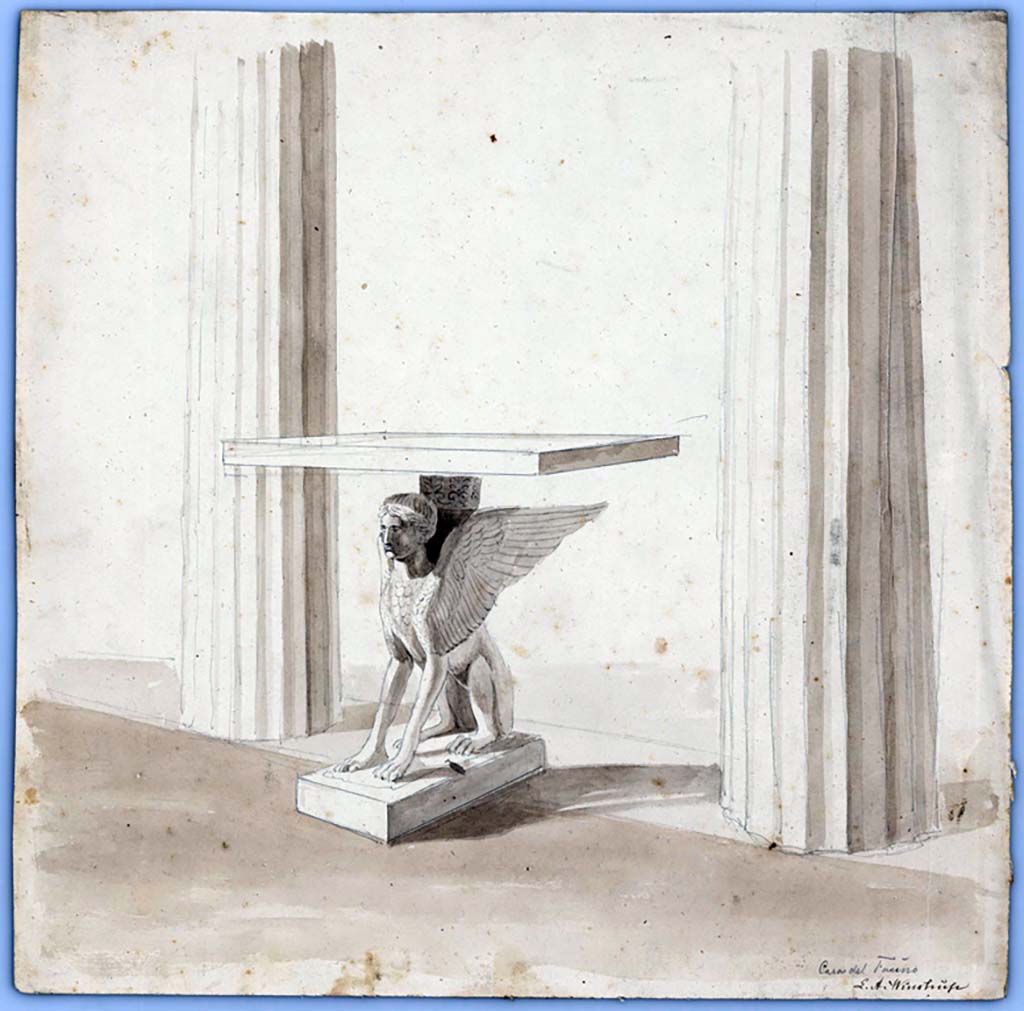 VI.12.2 Pompeii. 1849. Drawing by Laurits Albert Winstrup showing marble table with support in the form of a sphinx, in situ.
Photo © Danmarks Kunstbibliotek, inventory number ark_6079.
