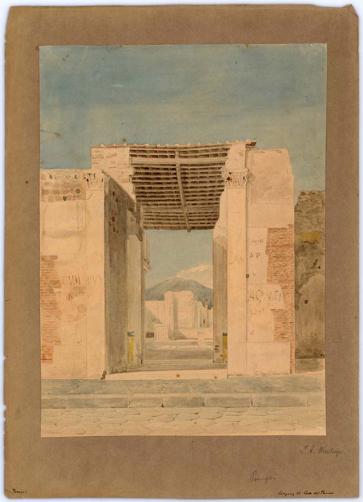 VI.12.2 Pompeii. 1849. Looking north towards entrance doorway, painting by Laurits Albert Winstrup. 
Photo © Danmarks Kunstbibliotek, inventory number ark_6083.
