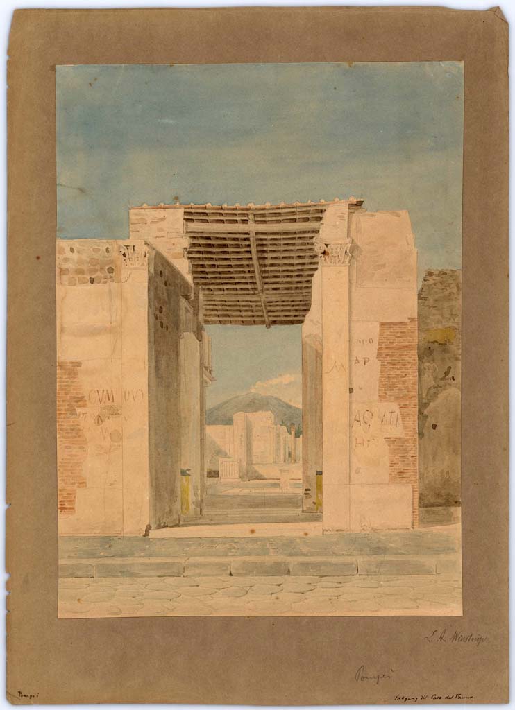 VI.12.2 Pompeii. 1849. Looking north towards entrance doorway, painting by Laurits Albert Winstrup.
Photo © Danmarks Kunstbibliotek, inventory number ark_6083.
