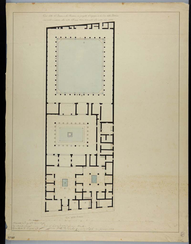 VI.12.2 and VI.12.5 Pompeii. Drawing of plan showing both houses by Michele Rusca.
Now in Naples Archaeological Museum. Inventory number ADS 389.
Photo © ICCD. http://www.catalogo.beniculturali.it
Utilizzabili alle condizioni della licenza Attribuzione - Non commerciale - Condividi allo stesso modo 2.5 Italia (CC BY-NC-SA 2.5 IT)