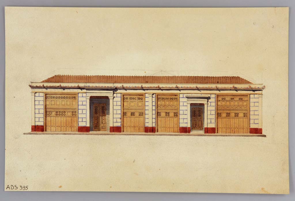 VI.12.1/2/3/4/5 and 6, Pompeii. Drawing by Pasquale Maria Veneri, of his idea of the reconstruction of the south exterior façade.
Now in Naples Archaeological Museum. Inventory number ADS 395.
Photo © ICCD. http://www.catalogo.beniculturali.it
Utilizzabili alle condizioni della licenza Attribuzione - Non commerciale - Condividi allo stesso modo 2.5 Italia (CC BY-NC-SA 2.5 IT)