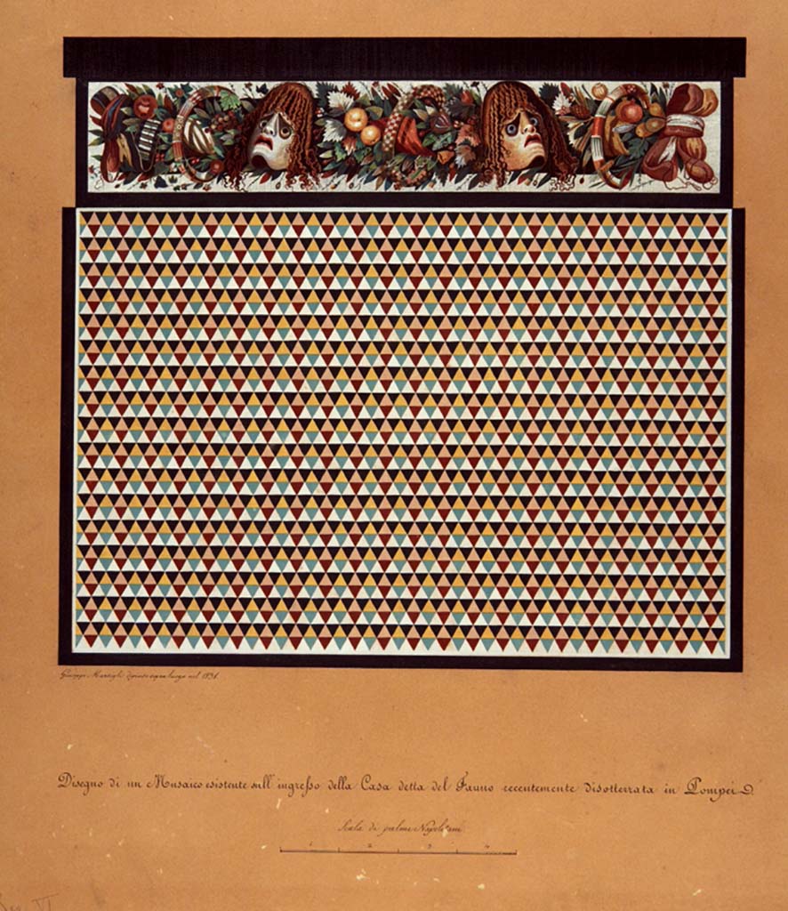 VI.12.2 Pompeii. Painting by Giuseppe Marsigli, 1831, entitled design of a mosaic existing at the entrance of the house called “of the faun”.
This painting included the opus sectile flooring of the vestibule together with the threshold leading into the atrium.
Now in Naples Archaeological Museum. Inventory number ADS 396.
Photo © ICCD. http://www.catalogo.beniculturali.it
Utilizzabili alle condizioni della licenza Attribuzione - Non commerciale - Condividi allo stesso modo 2.5 Italia (CC BY-NC-SA 2.5 IT)
The threshold was then cut and detached and taken to Naples Archaeological Museum. Inventory number 9994.