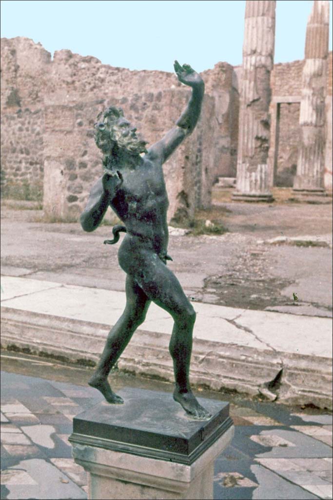 VI.12.2, Pompeii. June 1962. Looking east across impluvium in atrium.
Photo by Brian Philp: Pictorial Colour Slides, forwarded by Peter Woods
(P43.23 POMPEII Statue of the dancing faun House of the Faun)