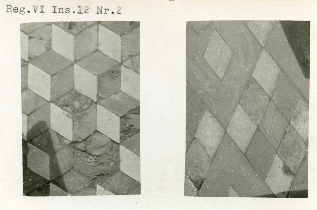 VI.12.2 Pompeii. pre-1937-1939. Detail of flooring. On the right, is the detail from impluvium in atrium.
Photo courtesy of American Academy in Rome, Photographic Archive. Warsher collection no. 336.