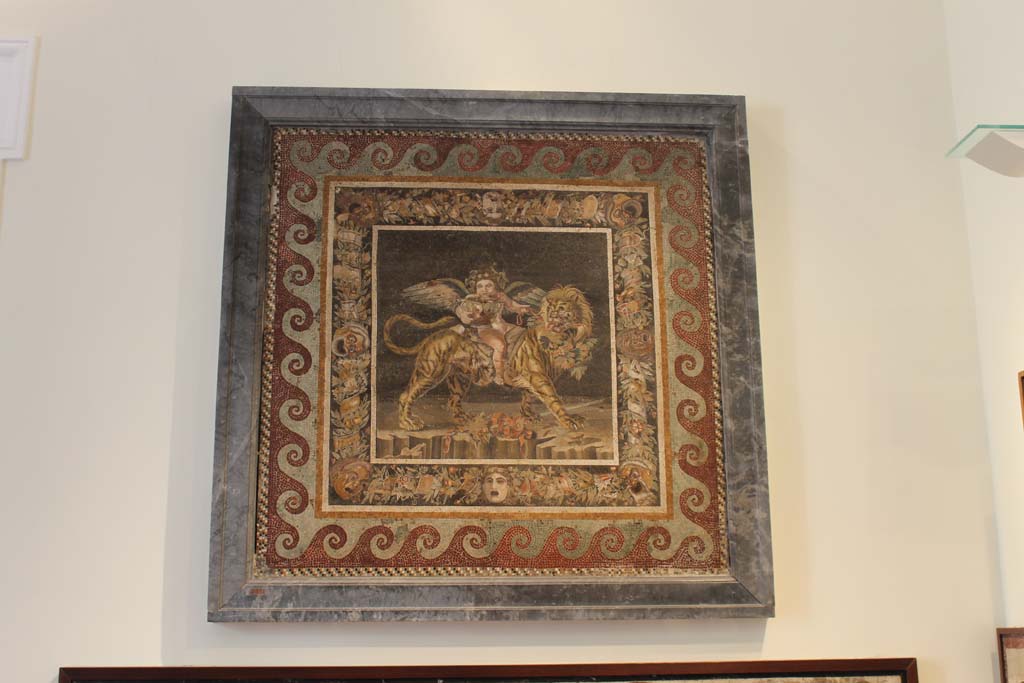 VI.12.2 Pompeii. March 2014. Found in one of the two dining rooms (either 35 or 34) at the sides of the tablinum 33.
Mosaic of the child Dionysus astride an animal with the head of a lion and the body of a tiger.
Now in Naples Archaeological Museum. Inventory number 9991.
Foto Annette Haug, ERC Grant 681269 DÉCOR.