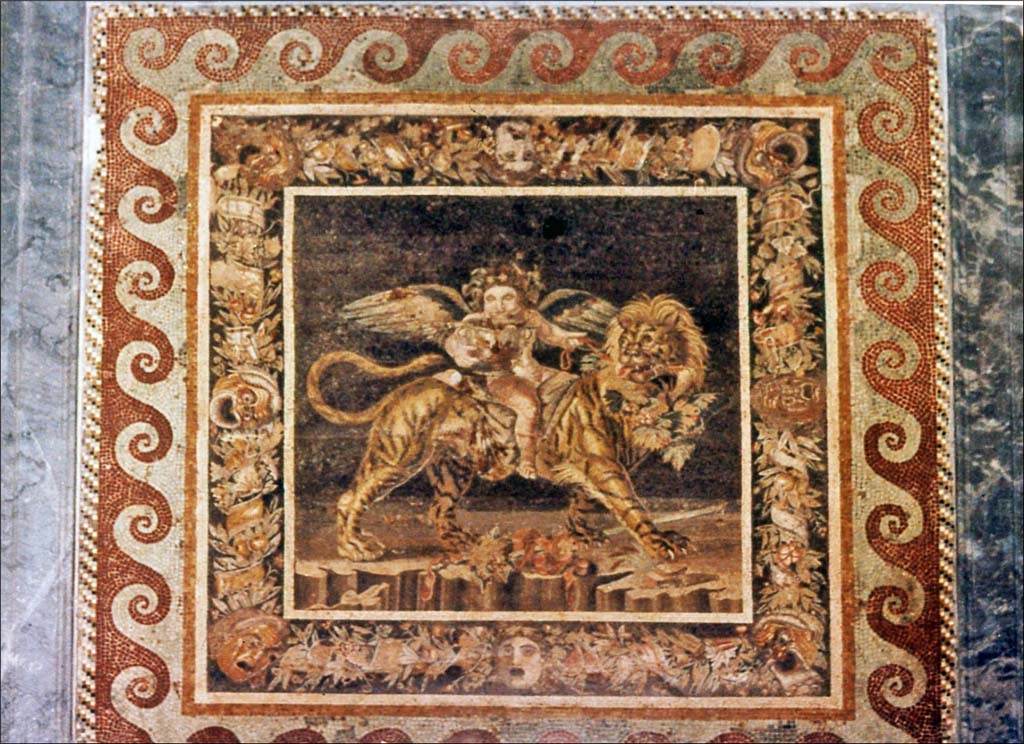 VI.12.2 Pompeii. June 1962.
Photo by Brian Philp: Pictorial Colour Slides, forwarded by Peter Woods
(P43.24 POMPEII House of the Faun Young Dionysius riding an animal with the head of a lion and the body of a tiger.)
Now in Naples Archaeological Museum. Inventory number 9991.