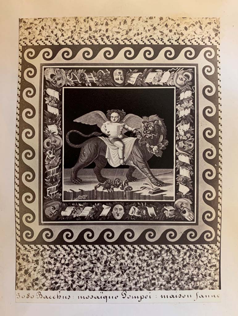 VI.12.2 Pompeii.
From an album of Michele Amodio dated 1874, entitled “Pompei, destroyed on 23 November 79, discovered in 1745”.
Mosaic of the child Dionysus astride an animal. Photo courtesy of Rick Bauer.
