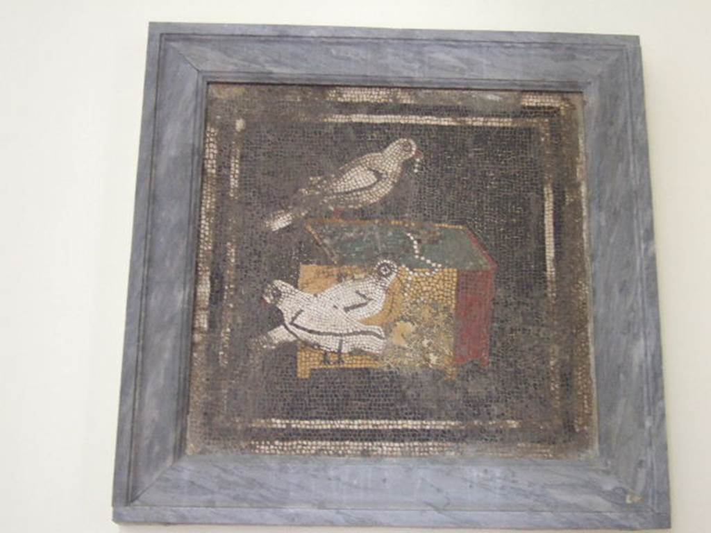 VI.12.2 Pompeii. Original doves mosaic found in ala on west side of atrium.
Mau referred to this as “a work of slight merit”.
See Mau, A., 1907, translated by Kelsey F. W. Pompeii: Its Life and Art. New York: Macmillan. (p. 292).
Now in Naples Archaeological Museum. Inventory number s. n. This was found 1st December 1830 in ala 29.
See Pagano, M. and Prisciandaro, R., 2006. Studio sulle provenienze degli oggetti rinvenuti negli scavi borbonici del regno di Napoli. Naples : Nicola Longobardi, (p. 144). See PAH II, 242.