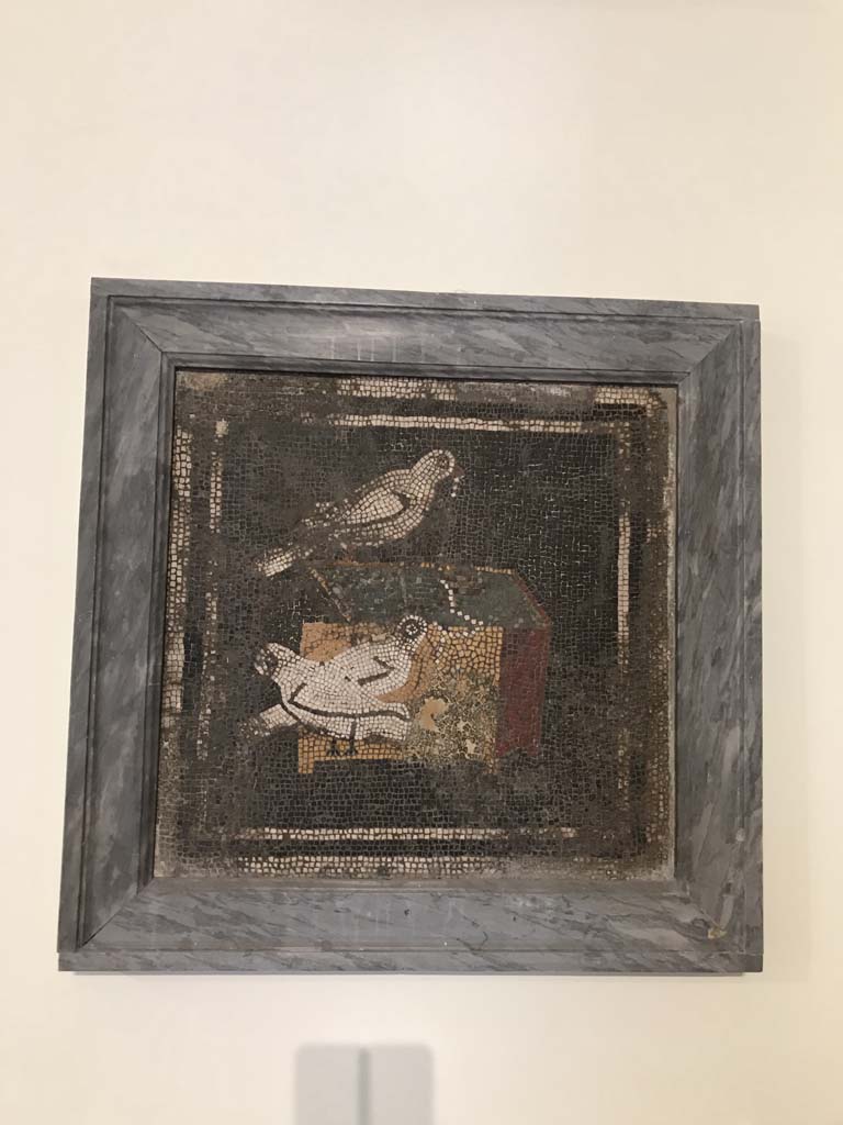 VI.12.2 Pompeii. April 2019. Original doves mosaic found in ala 29 on west side of atrium.
This was found 1st December 1830 in ala 29. Photo courtesy of Rick Bauer.
Now in Naples Archaeological Museum. Inventory number s. n.