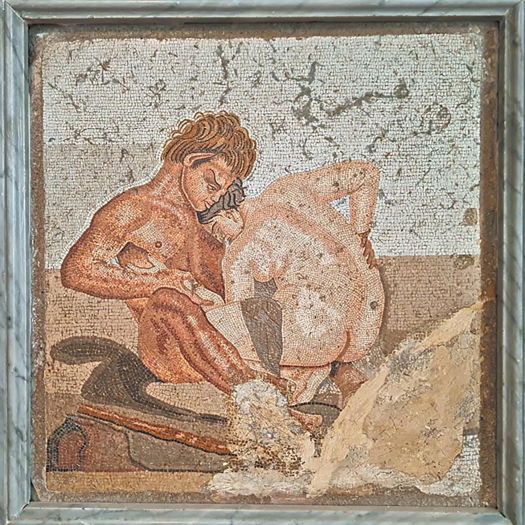 VI.12.2 Pompeii. September 2024. Mosaic emblema from cubiculum 28 in south-east corner of atrium.
According to Naples Archaeological Museum display-board, this mosaic was found in this room. Inventory number 27707.
Photo courtesy of Giuseppe Ciaramella.