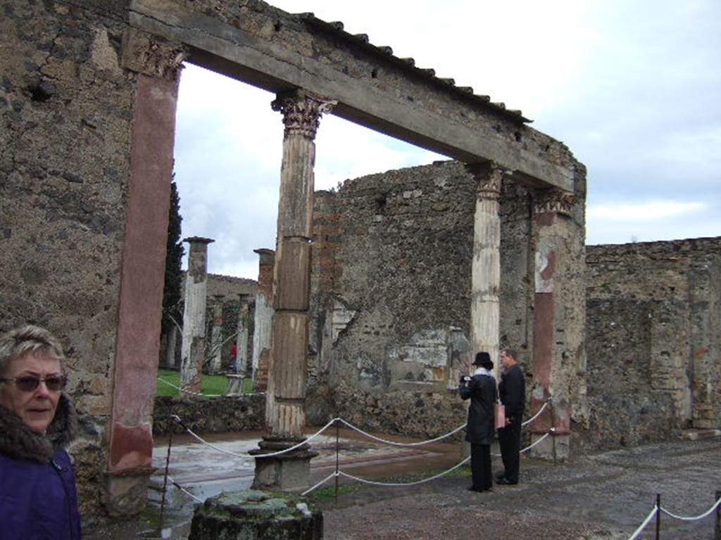 VI.12.2 Pompeii. December 2005. Looking north-east towards exedra with recreated Alexander mosaic.