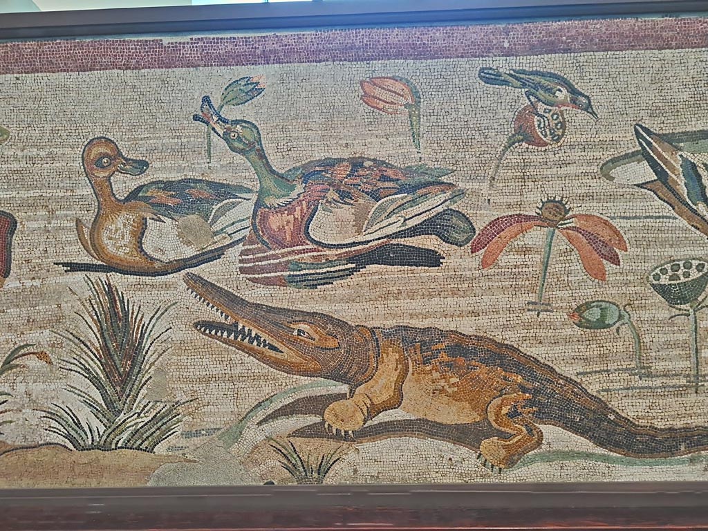 VI.12.2 Pompeii. September 2024.
Detail from mosaic of Nilotic scene, including ducks, birds and crocodile. Photo courtesy of Giuseppe Ciaramella.