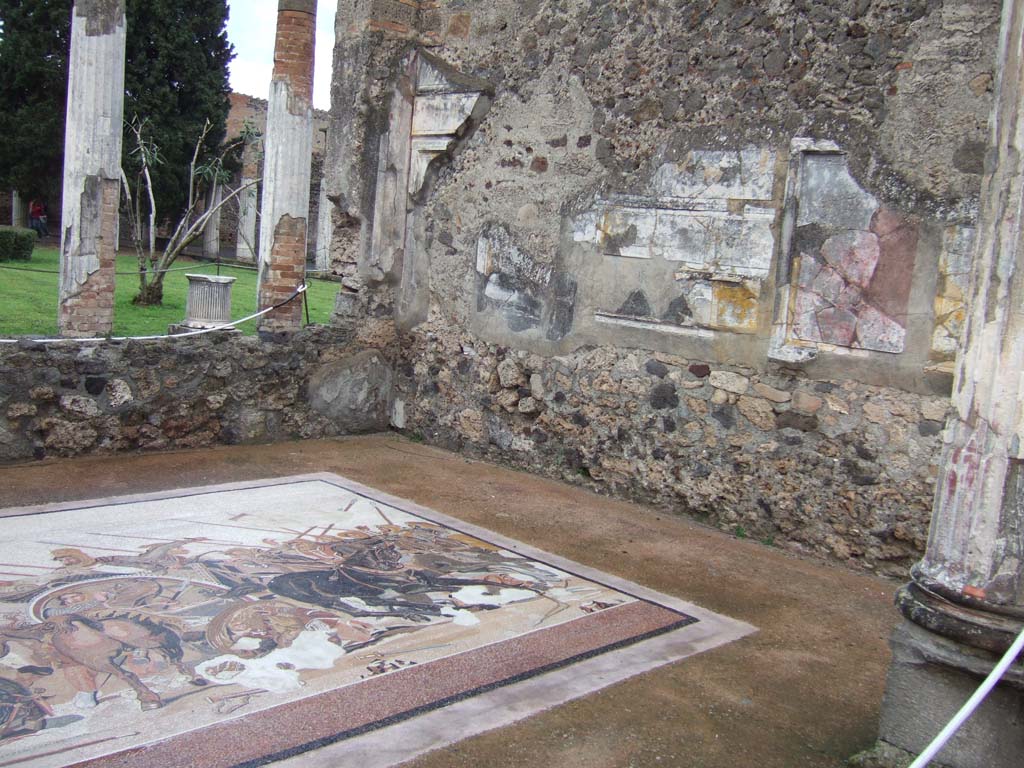 VI.12.2 Pompeii. December 2005. Recreated Alexander mosaic and east wall of exedra.