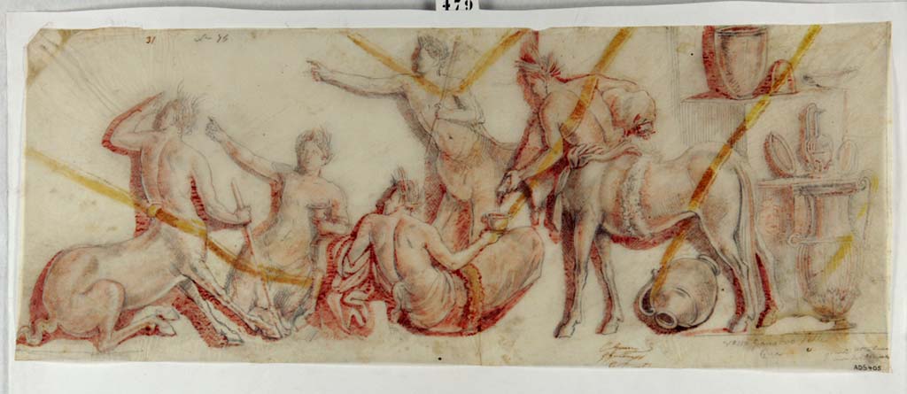 VI.12.2 Pompeii. Painting by Giuseppe Marsigli, 23rd October 1831, showing centaurs from the middle zone of east wall of exedra.
Now in Naples Archaeological Museum. Inventory number ADS 405.
Photo © ICCD. http://www.catalogo.beniculturali.it
Utilizzabili alle condizioni della licenza Attribuzione - Non commerciale - Condividi allo stesso modo 2.5 Italia (CC BY-NC-SA 2.5 IT)