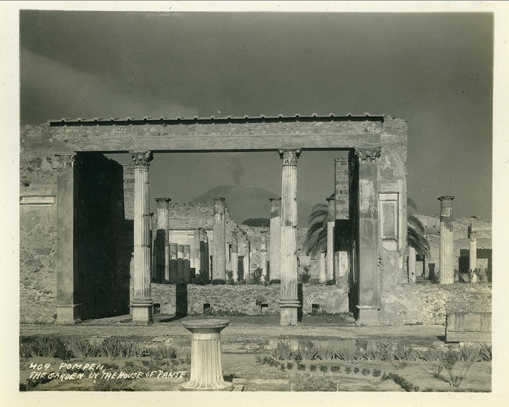 VI.12.2 Pompeii. 1932. Looking north from first garden across exedra to rear peristyle.
(Note: the photo has the wrong location being described as “The garden of the House of Panse”).
Photo taken during a shore-visit from the ship Resolute’s world cruise in 1932. Photo courtesy of Rick Bauer.