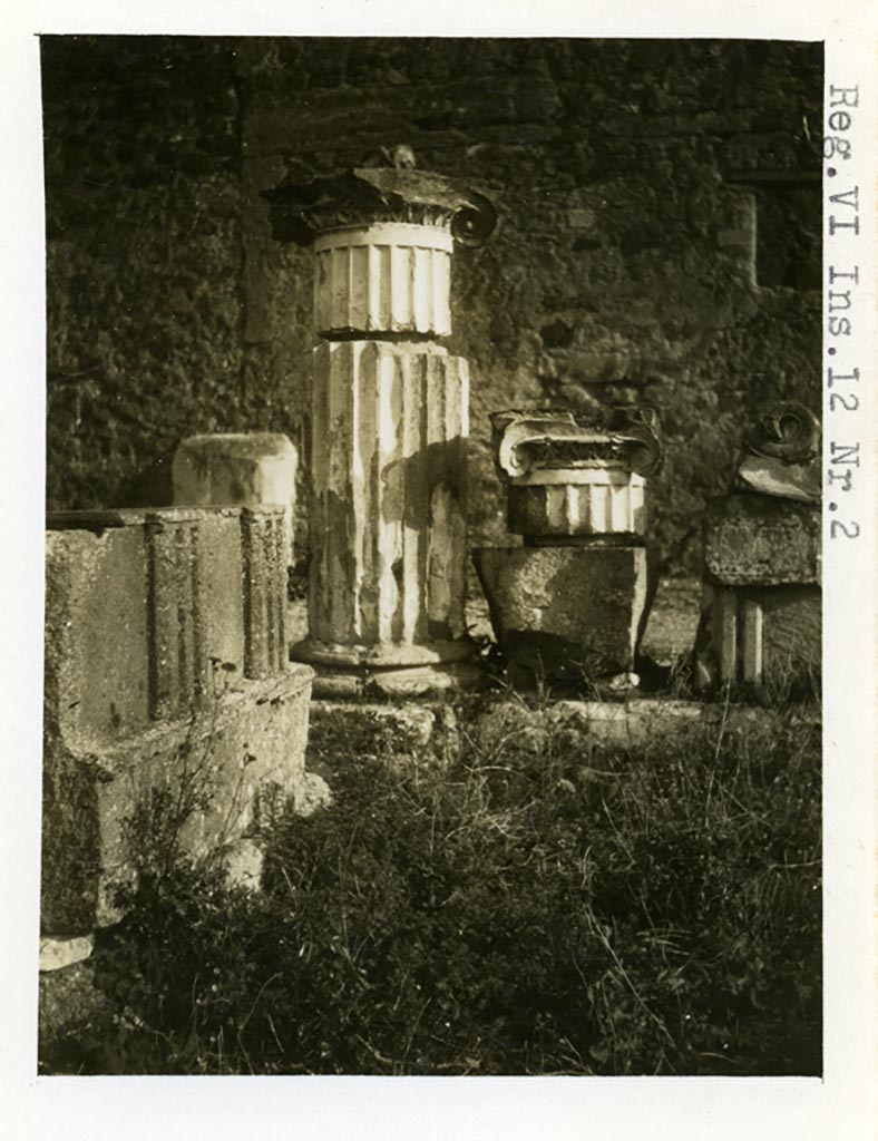 VI.12.2 Pompeii. pre-1937-39. Decorated stone remnants.
Photo courtesy of American Academy in Rome, Photographic Archive. Warsher collection no. 1420.