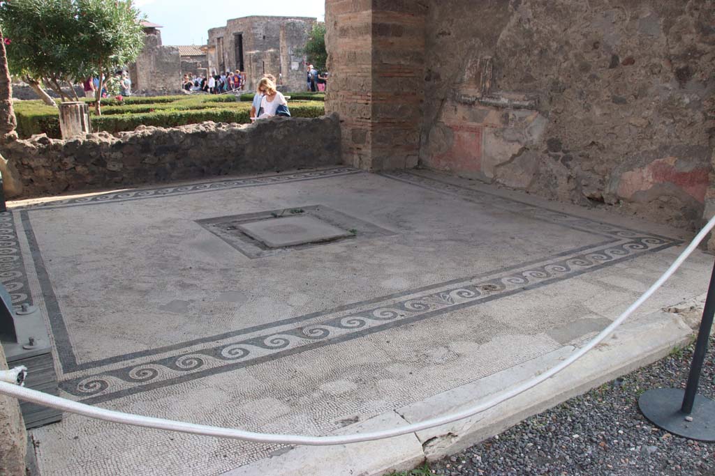 VI.12.2 Pompeii. September 2017. Looking south-west across oecus/triclinium, on east side of exedra with Alexander mosaic.
Photo courtesy of Klaus Heese.
