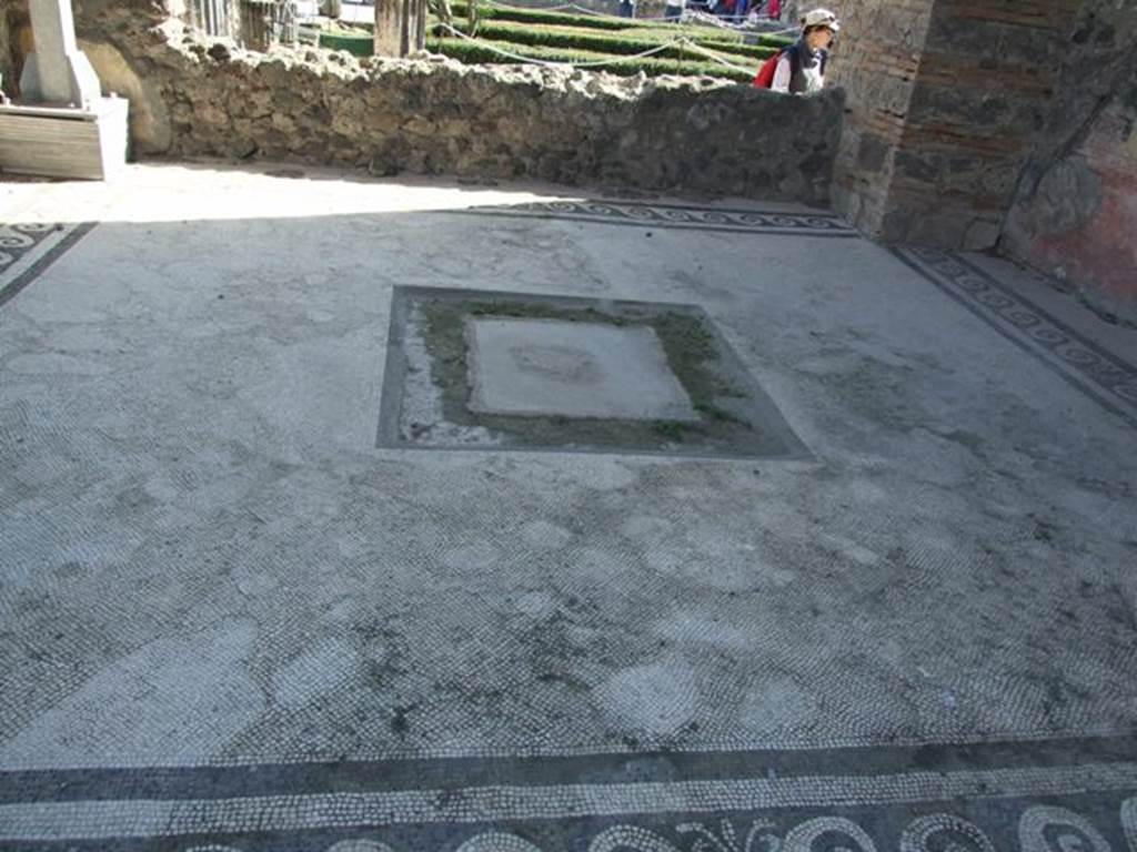 VI.12.2 Pompeii. March 2009. Triclinium mosaic floor. This floor contained a fine mosaic in such a damaged condition that the subject – a lion standing over a prostrate tiger – could not be made out, until a duplicate was found in 1885.
See Mau, A., 1907, translated by Kelsey F. W. Pompeii: Its Life and Art. New York: Macmillan. (p.295)