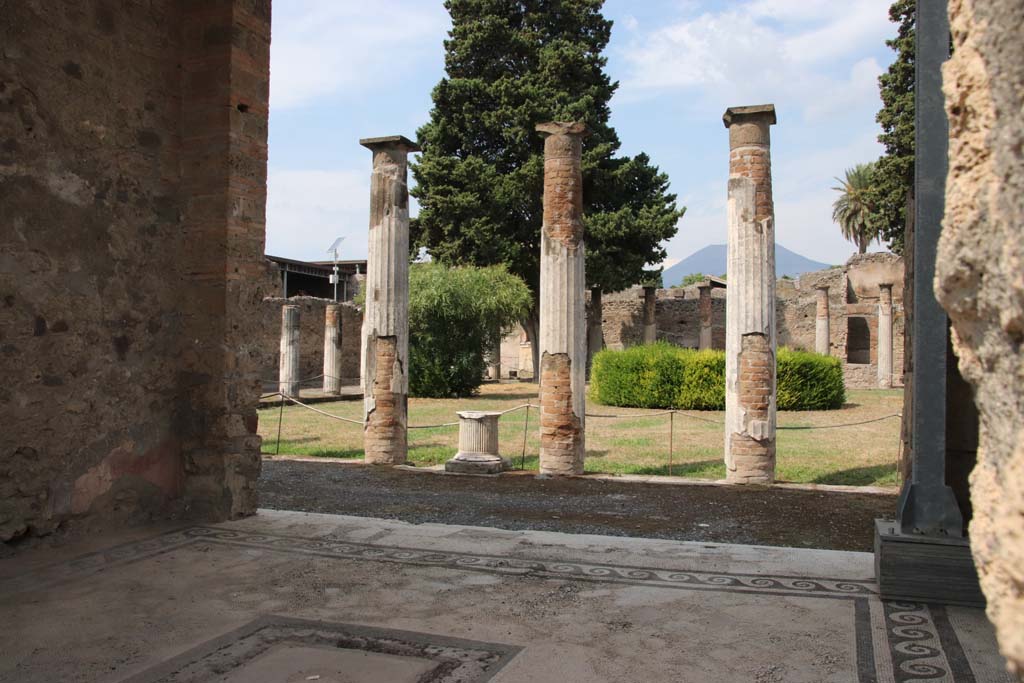 VI.12.2 Pompeii. September 2021.
Looking north-west across mosaic floor of oecus/triclinium and site of emblema in centre. Photo courtesy of Klaus Heese.