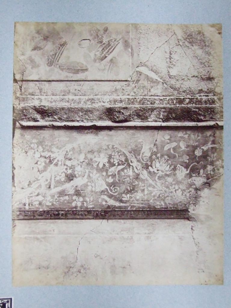 VI.12.2 Pompeii. Old undated photograph. Oecus 44.
Courtesy of Society of Antiquaries. Fox Collection.
In the collection it is labelled as “Frieze in Winter Triclinium from the House of Sallust”.
Anne Laidlaw, the Director of Excavations of the House of Sallust, has confirmed for us that it is in fact from the House of the Faun.
See Laidlaw, A., 1985. The first style in Pompeii: painting and architecture. Giorgio Bretschneider (Pl. 49c).