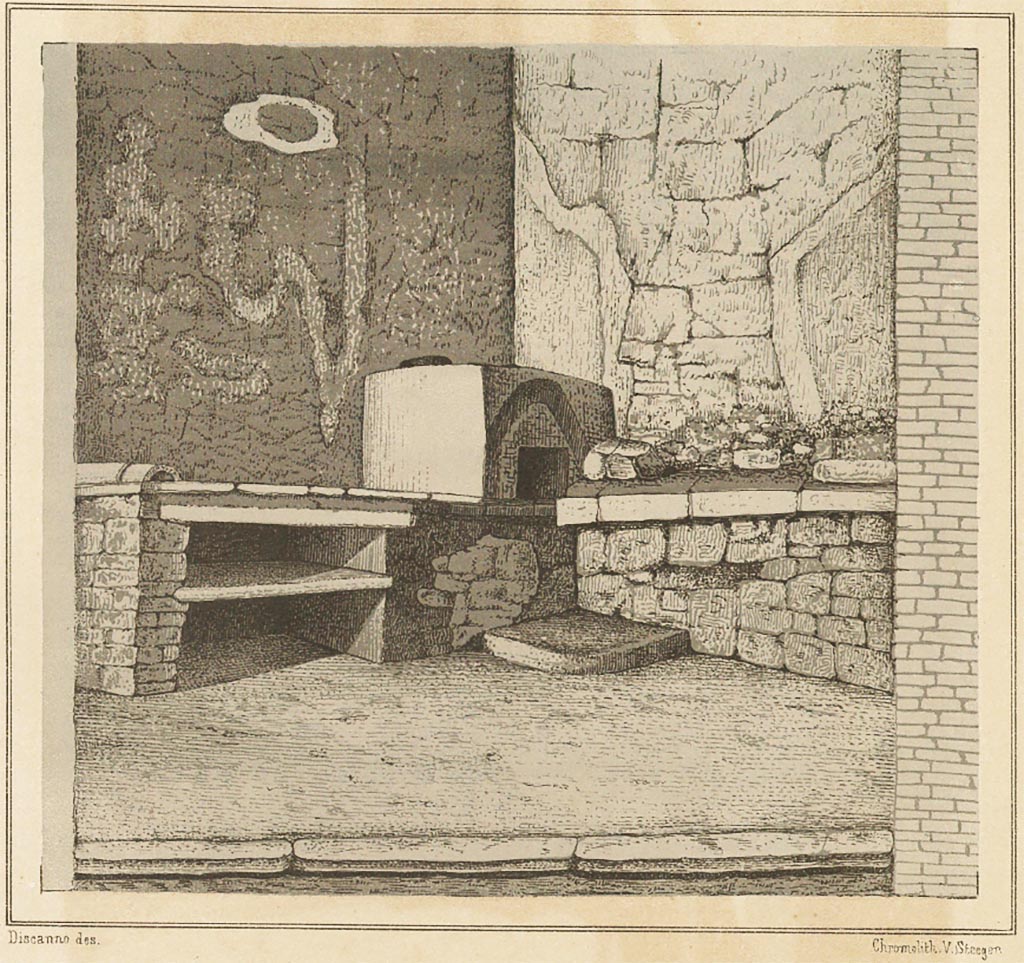 VI.14.22 Pompeii. 1878 drawing by Discanno of fullonica kitchen.
See Presuhn E., 1878. Pompeji: Die Neuesten Ausgrabungen von 1874 bis 1878. Leipzig: Weigel. (IV, Plate III)