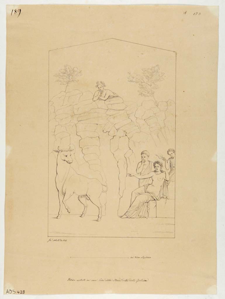 VI.14.43 Pompeii.
Room 2, drawing by Giuseppe Abbate, 1846, of painting of Daedalus and Pasiphae from centre of east wall of cubiculum on north side of entrance.
The original wall painting has now completely faded and disappeared. Now in Naples Archaeological Museum. Inventory number ADS 428.
Photo © ICCD. http://www.catalogo.beniculturali.it
Utilizzabili alle condizioni della licenza Attribuzione - Non commerciale - Condividi allo stesso modo 2.5 Italia (CC BY-NC-SA 2.5 IT)