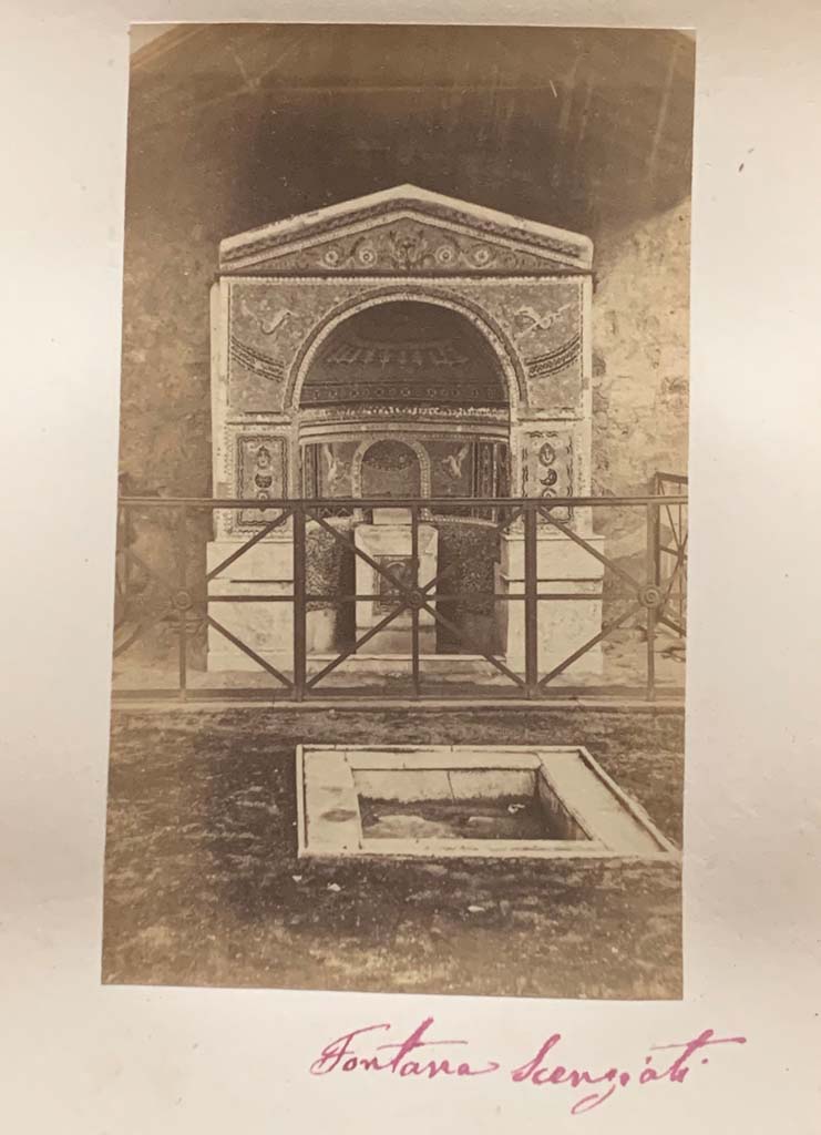 VI.14.43 Pompeii. From an album dated c.1875-1885. Room 14, looking across garden area towards fountain.
Photo courtesy of Rick Bauer.