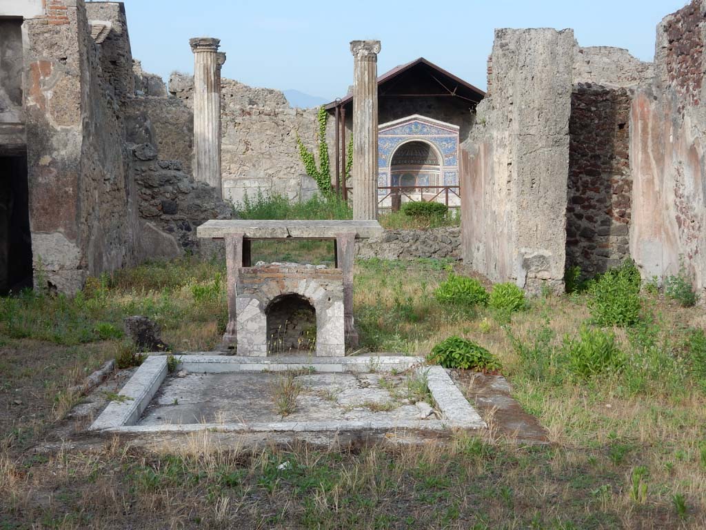 VI.14.43 Pompeii. June 2019.
Room 1, looking east across atrium and tablinum, across pseudo-peristyle towards mosaic fountain in background.
Photo courtesy of Buzz Ferebee.