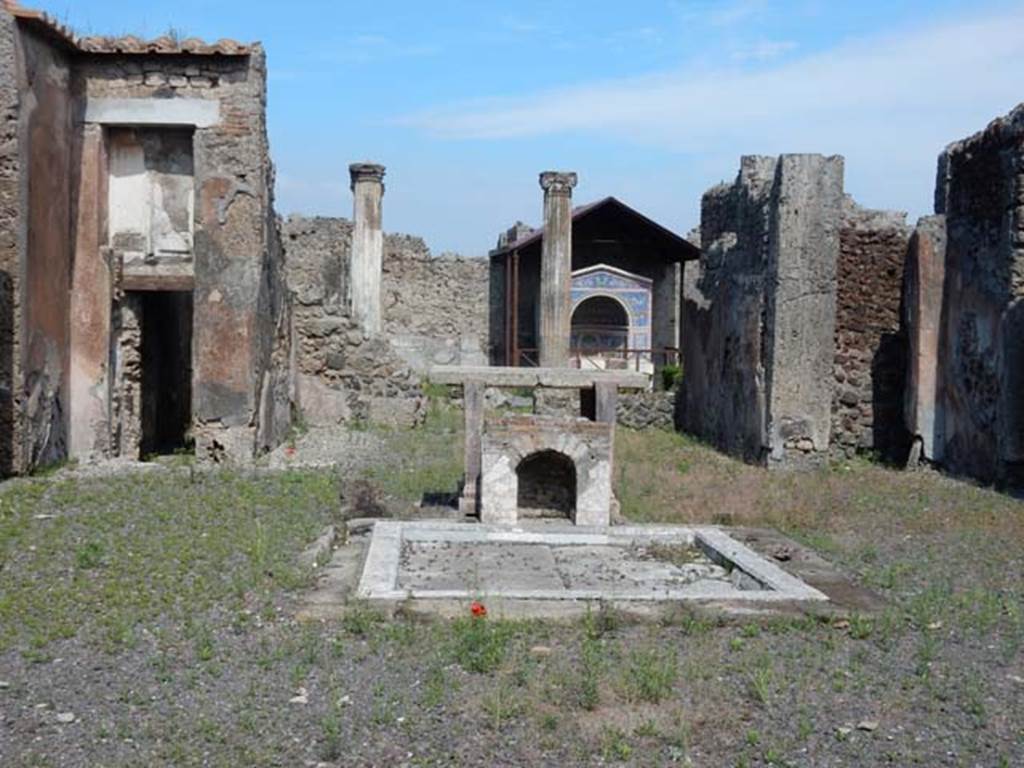 VI.14.43 Pompeii. May 2015. Room 1, looking east across atrium and tablinum, pseudoperistyle towards mosaic fountain in background. Photo courtesy of Buzz Ferebee.
