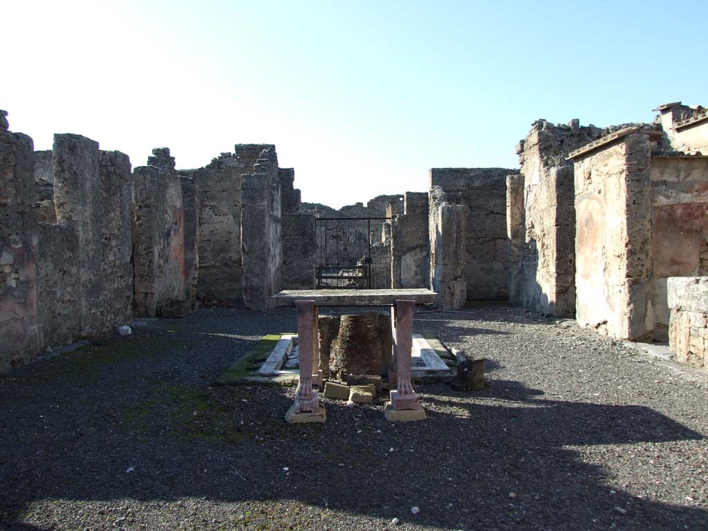VI.14.43 Pompeii. December 2007. Room 1, looking west across atrium, towards front entrance.
According to Breton, found on the left of the atrium on a pilaster that separated two cubicula, was CIL IV 1520. 
This would be on the right of this photo.
