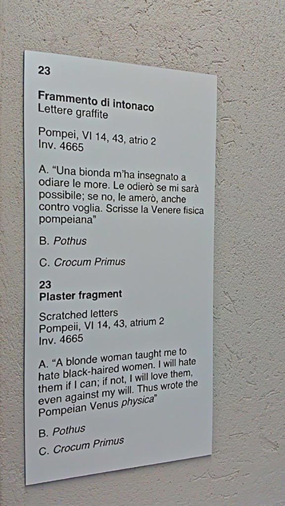 VI.14.43 Pompeii. Information card from Naples Archaeological Museum.
Fragment of plaster from atrium with scratched graffiti, see above and below.
On display in Naples Archaeological Museum, inv. 4665.
Photo courtesy of Giuseppe Ciaramella, June 2017.
