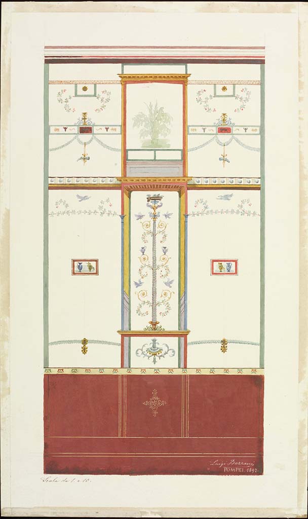 VI.15.1 Pompeii. c.1897.
Watercolour by Luigi Bazzani, looking towards north wall of cubiculum on north side of atrium.
Photo © Victoria and Albert Museum. Inventory number 11-1898.