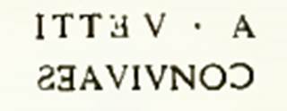 VI.15.1 Pompeii. Raised letters of second of the seals, of A. Vettius Conviva, was found near strongbox. It was surmounted by a signet ring, in the bezel of which a caduceus (a staff) was engraved. See Notizie degli Scavi, 1895, (p.32)
Now in Naples Archaeological Museum. Inventory number 124787.