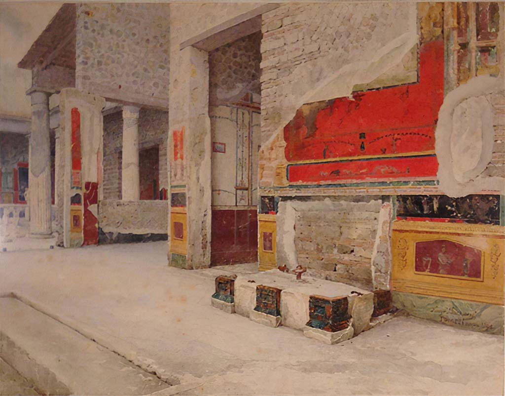 VI.15.1 Pompeii. 1895 painting by Luigi Bazzani showing the north side of atrium.
The masonry base that supported an iron and bronze strongbox or safe is in the foreground, centre right.