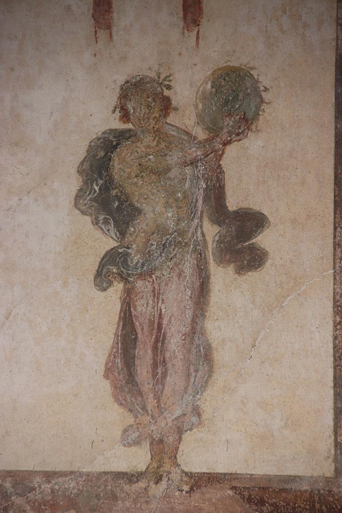 VI.15.1 Pompeii. October 2024.
Detail of painted figure of Muse Urania, from west end of south wall of oecus.
Photo courtesy of Klaus Heese.