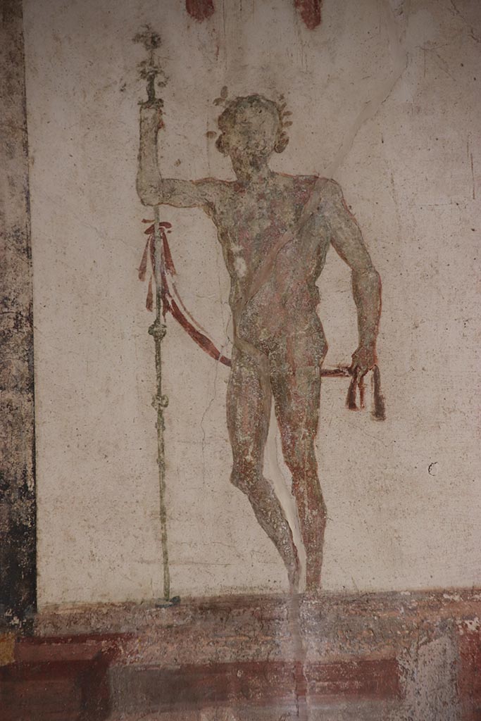 VI.15.1 Pompeii. October 2024.
Detail of figure from upper west wall at south end. Photo courtesy of Klaus Heese.