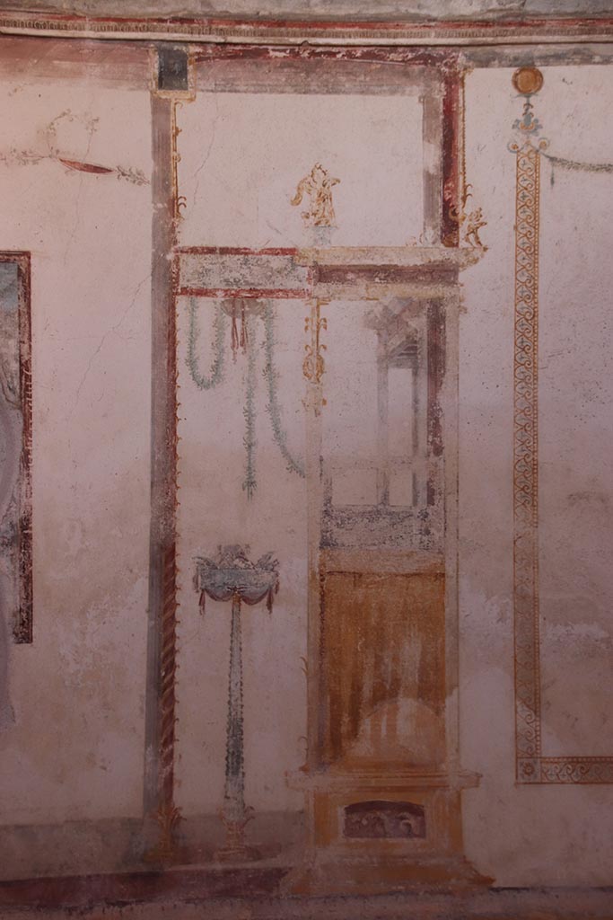 VI.15.1 Pompeii. October 2024.
Detail from northern end of west wall. Photo courtesy of Klaus Heese.