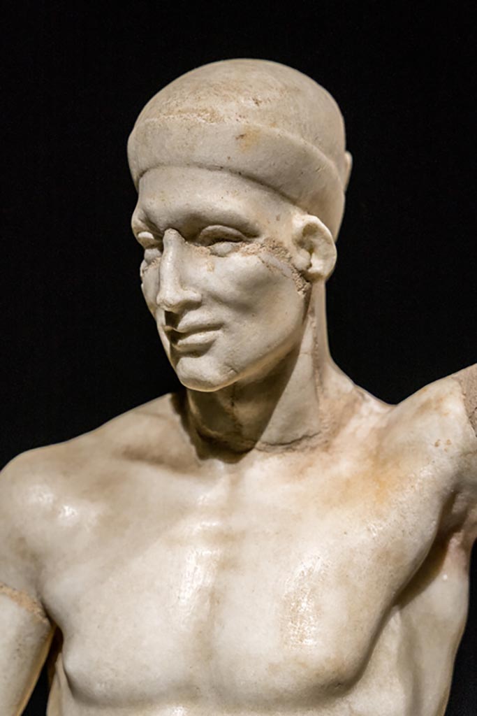 VI.15.1 Pompeii. January 2023.
Statue of Priapus, detail of upper body and head, on display in exhibition in Palaestra.
Photo courtesy of Johannes Eber.