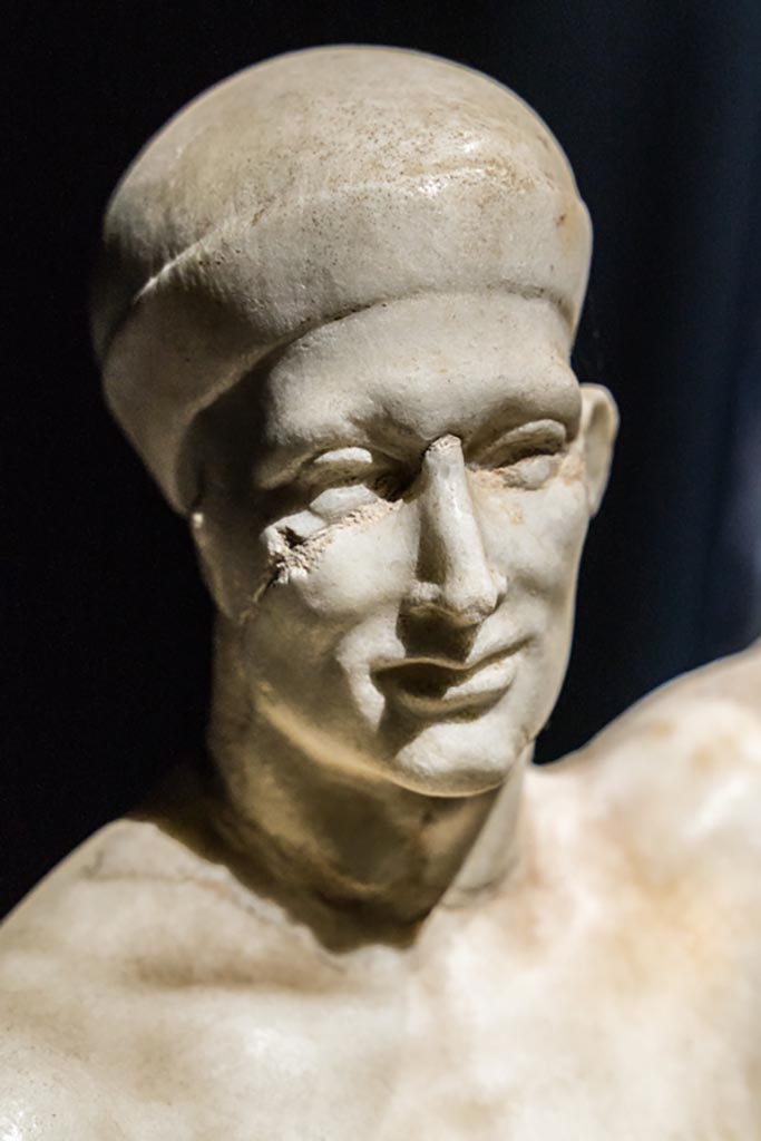 VI.15.1 Pompeii. January 2023.
Statue of Priapus, detail of face, on display in exhibition in Palaestra.
Photo courtesy of Johannes Eber.